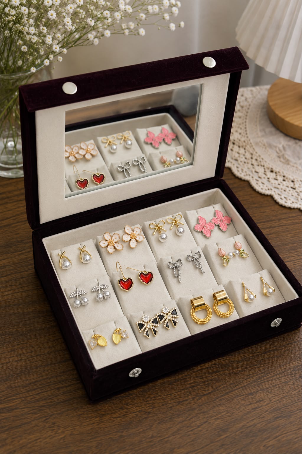 Luxury 12 Pair Korean Earrings Organizer Box with Mirror 😍😍