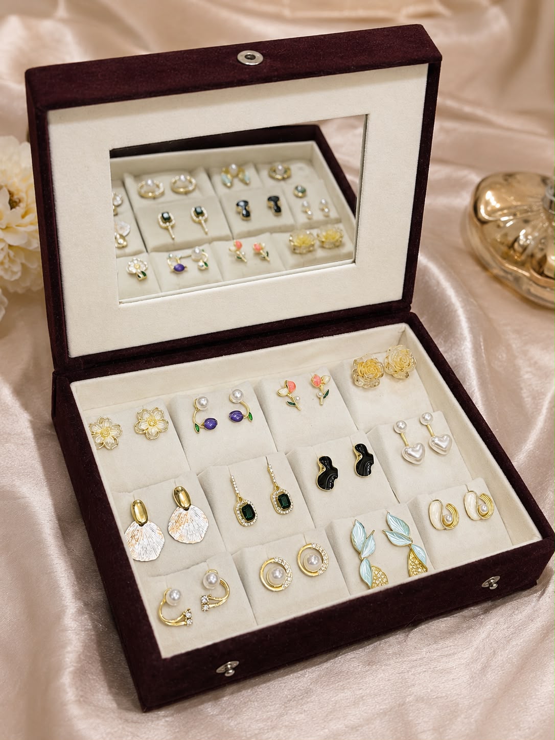 12 Pair Korean Earrings Gift Box with Mirror | Premium Velvet Jewelry Organizer for Women