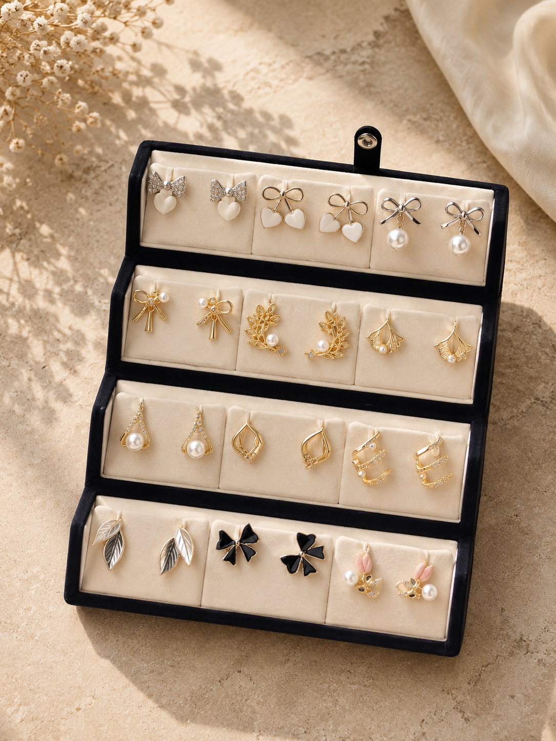 12 Pair Korean Earrings Gift Box | Luxury Velvet Jewelry Storage Box for Women & Girls