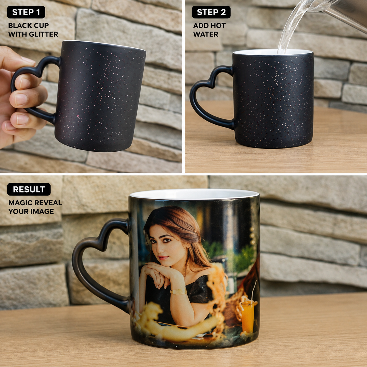 Personalized Glitter Effect Heart Handle Magic Mug