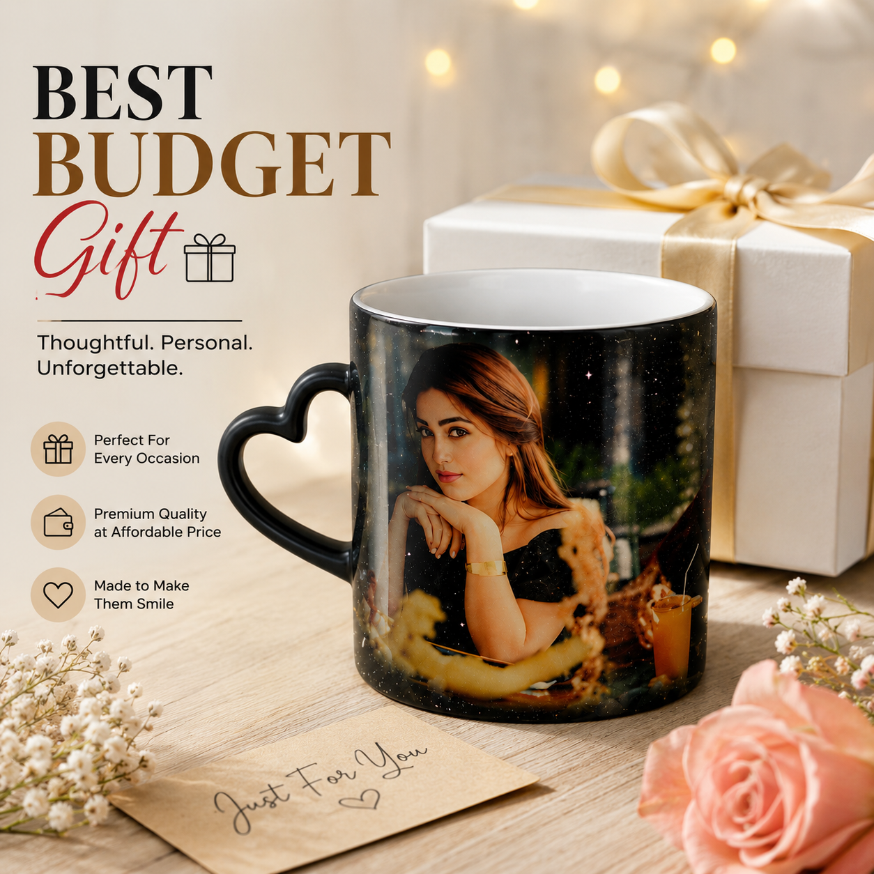 Personalized Glitter Effect Heart Handle Magic Mug