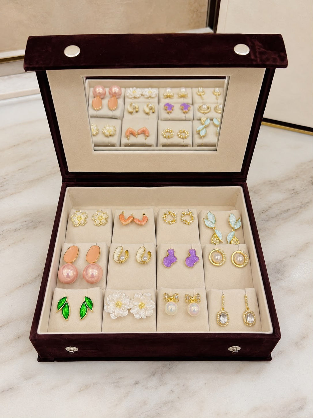 12 Pair Korean Earrings Box with Mirror | Velvet Earring Organizer & Gift Box for Girls and Women
