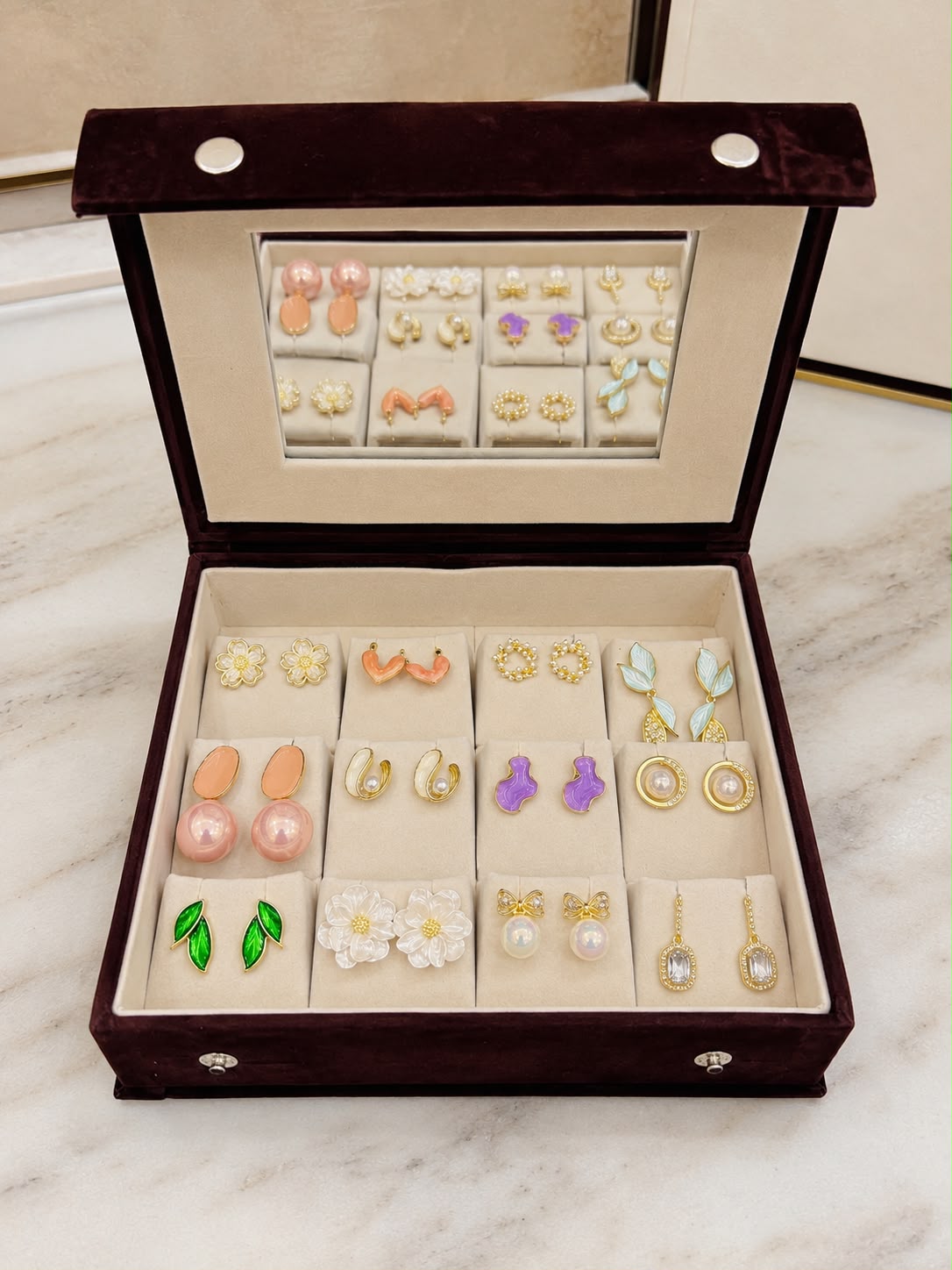 12 Pair Korean Earrings Box with Mirror | Velvet Earring Organizer & Gift Box for Girls and Women