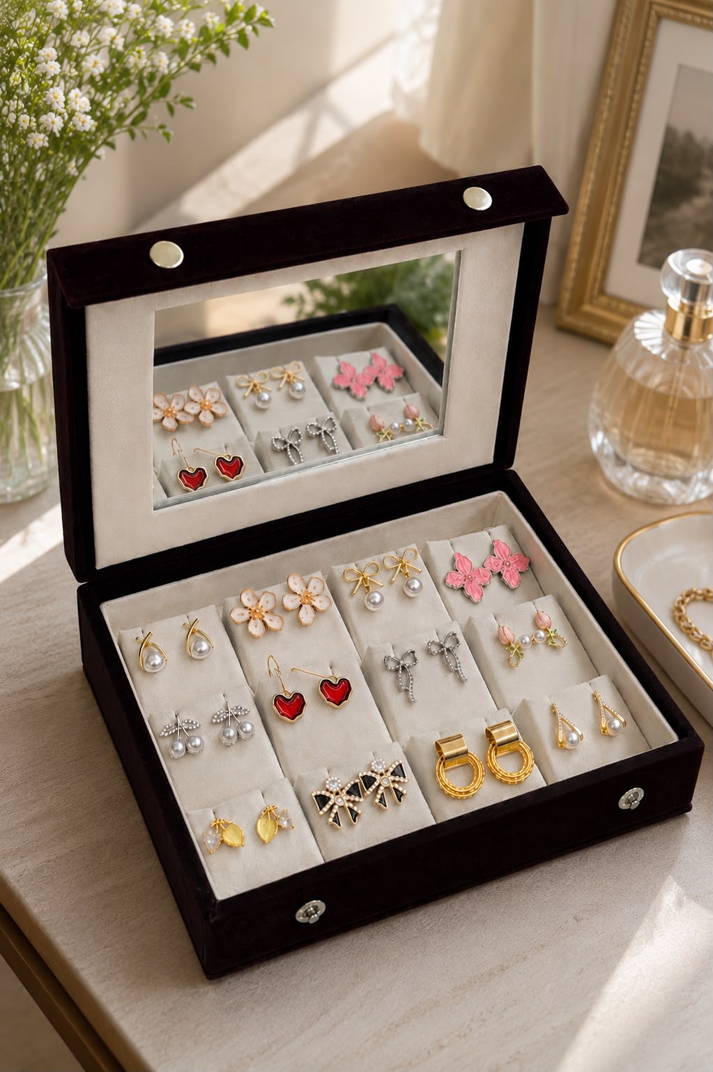 Luxury 12 Pair Korean Earrings Organizer Box with Mirror 😍😍