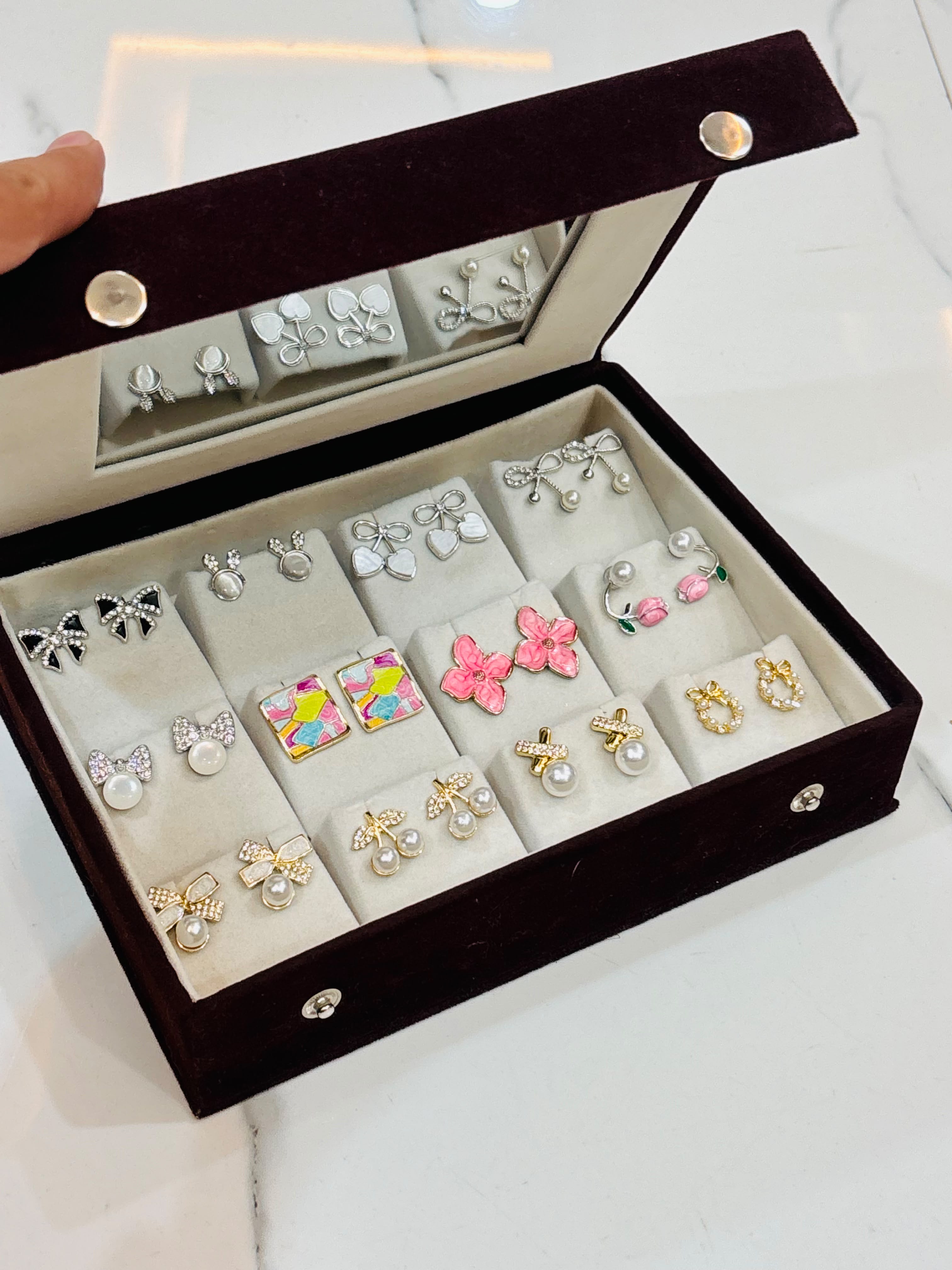 Personalized 12 Pair Korean Earrings Box with Mirror | Velvet Jewelry Organizer Gift Box for Women