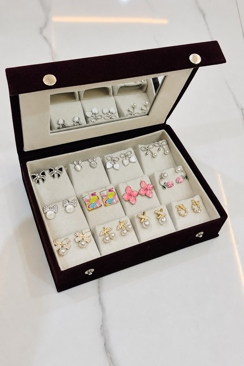 Personalized 12 Pair Korean Earrings Box with Mirror | Velvet Jewelry Organizer Gift Box for Women