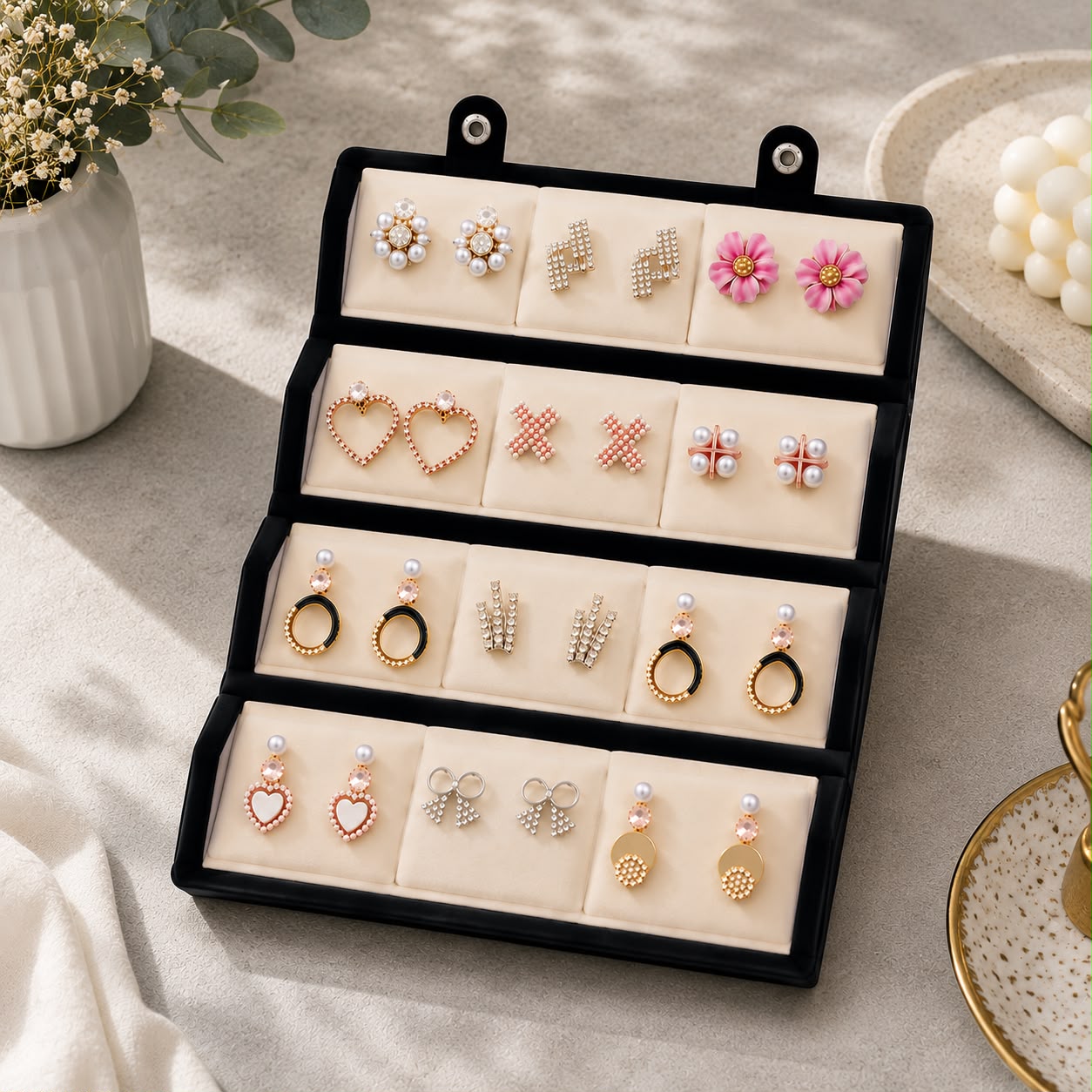 Premium 12 Pair Korean Earrings Box | Elegant Jewelry Storage Case for Women