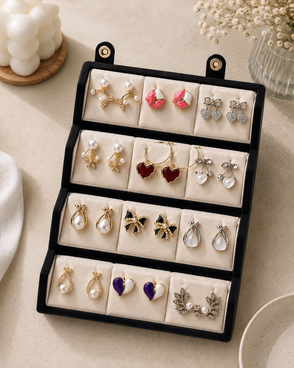 Personalized 12 Pair Korean Earrings Box | Premium Velvet Jewelry Box for Women