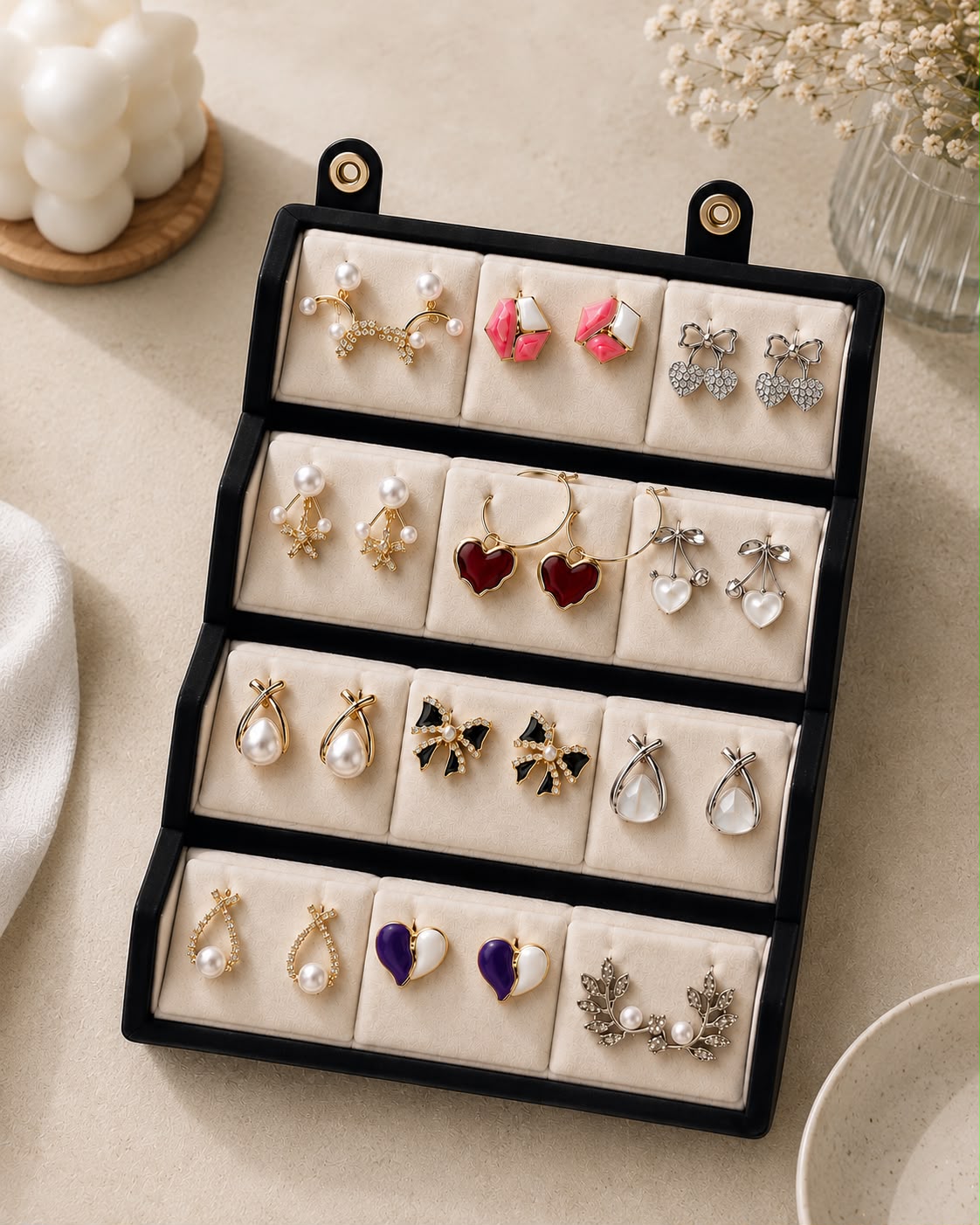Personalized 12 Pair Korean Earrings Box | Premium Velvet Jewelry Box for Women