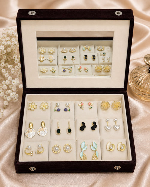 12 Pair Korean Earrings Gift Box with Mirror | Premium Velvet Jewelry Organizer for Women