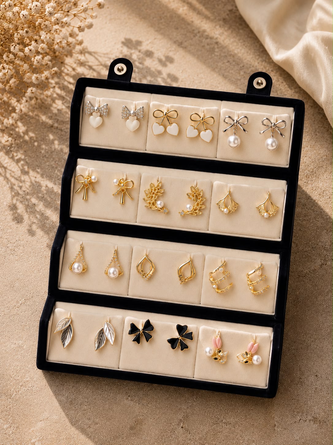 12 Pair Korean Earrings Gift Box | Luxury Velvet Jewelry Storage Box for Women & Girls