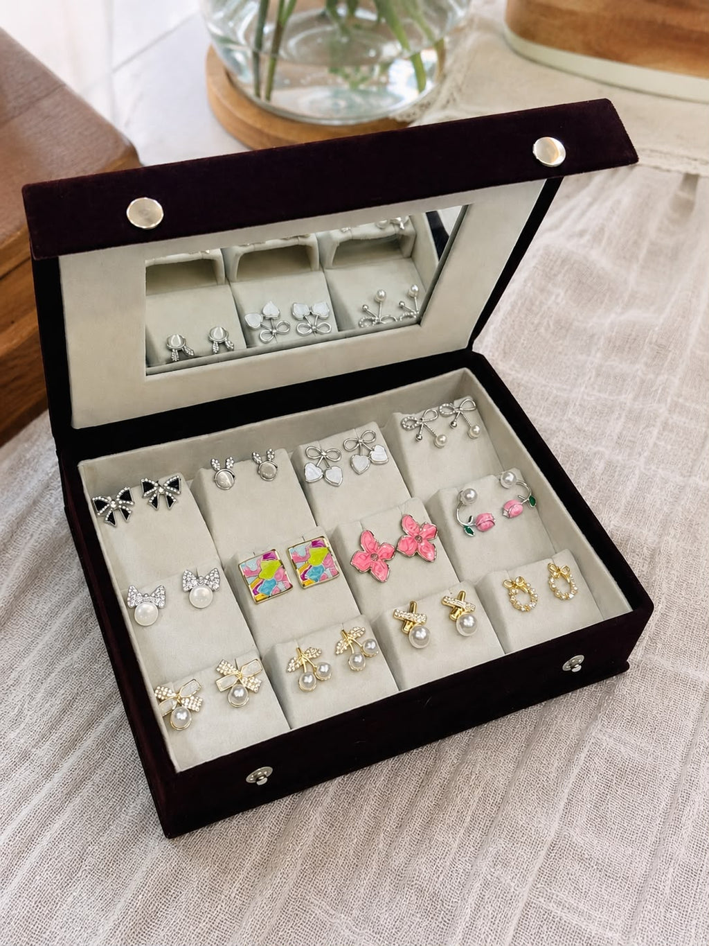 Personalized 12 Pair Korean Earrings Box with Mirror | Velvet Jewelry Organizer Gift Box for Women