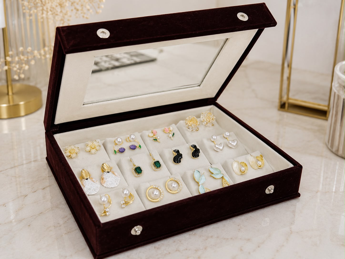 12 Pair Korean Earrings Gift Box with Mirror | Premium Velvet Jewelry Organizer for Women