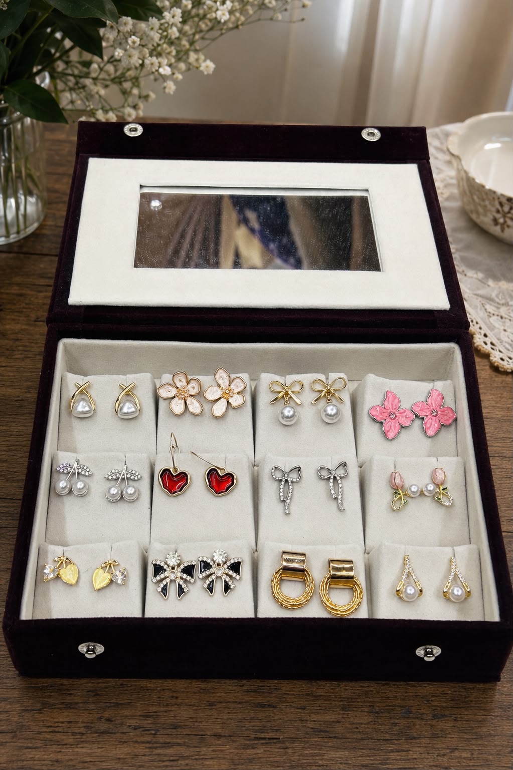 Luxury 12 Pair Korean Earrings Organizer Box with Mirror 😍😍