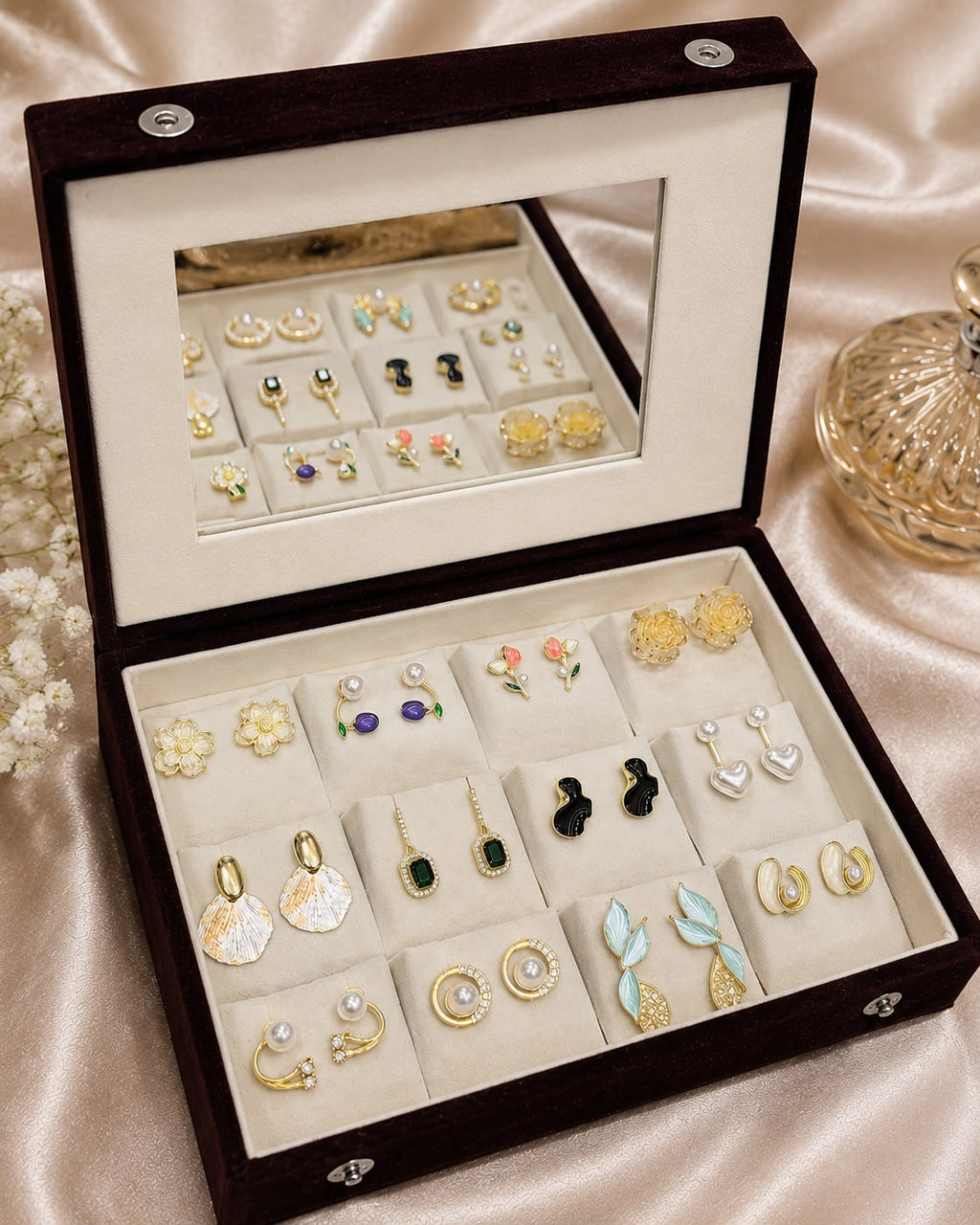 12 Pair Korean Earrings Gift Box with Mirror | Premium Velvet Jewelry Organizer for Women