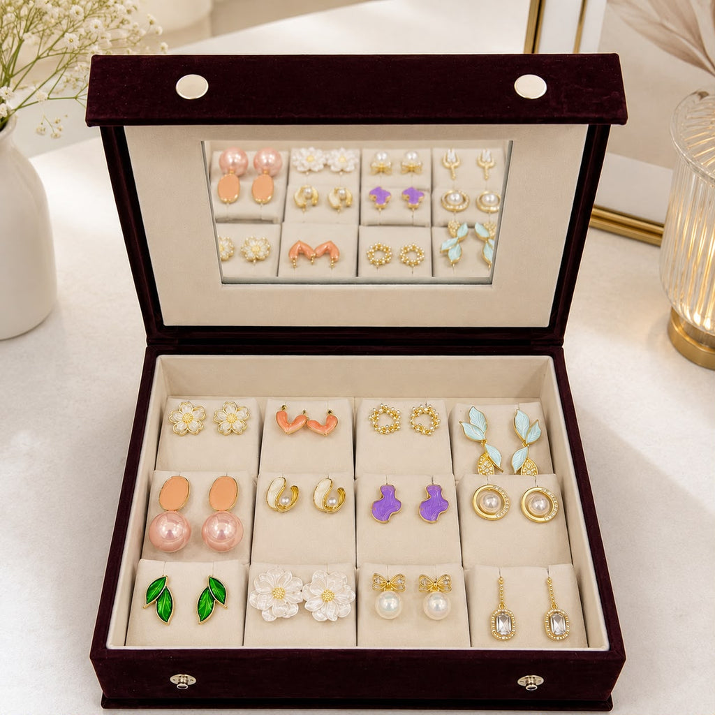 12 Pair Korean Earrings Box with Mirror | Velvet Earring Organizer & Gift Box for Girls and Women