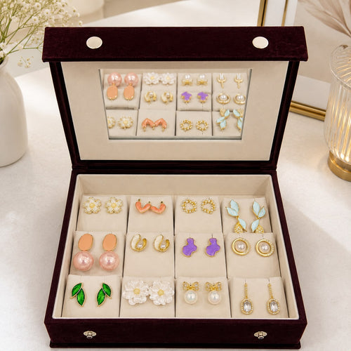 12 Pair Korean Earrings Box with Mirror | Velvet Earring Organizer & Gift Box for Girls and Women