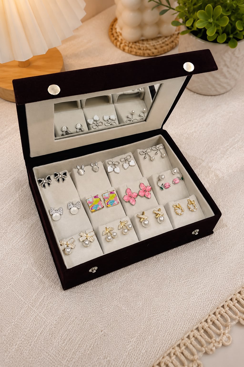 Personalized 12 Pair Korean Earrings Box with Mirror | Velvet Jewelry Organizer Gift Box for Women