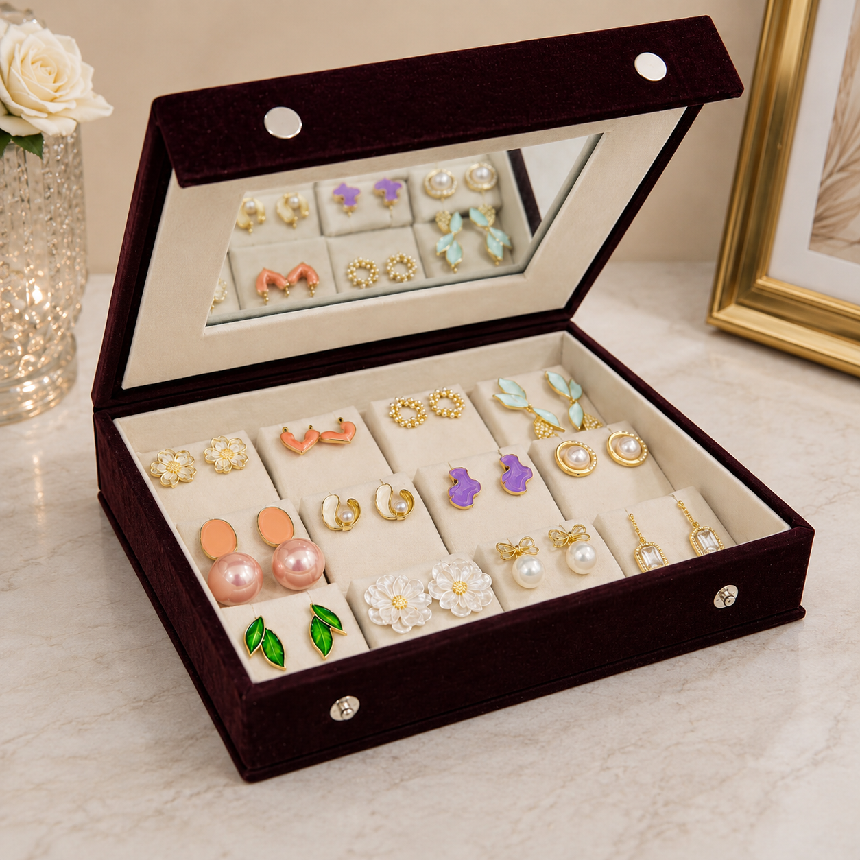12 Pair Korean Earrings Box with Mirror 😍💝