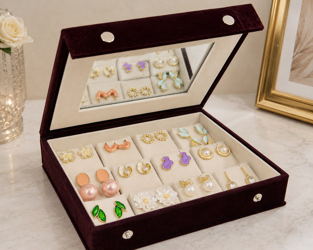 12 Pair Korean Earrings Box with Mirror | Velvet Earring Organizer & Gift Box for Girls and Women