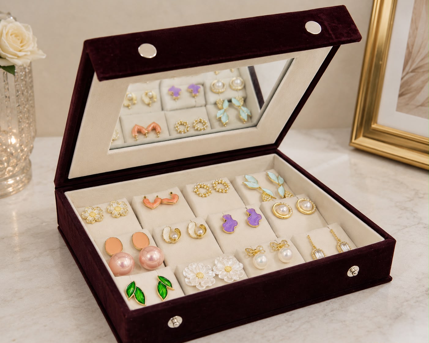 12 Pair Korean Earrings Box with Mirror | Velvet Earring Organizer & Gift Box for Girls and Women