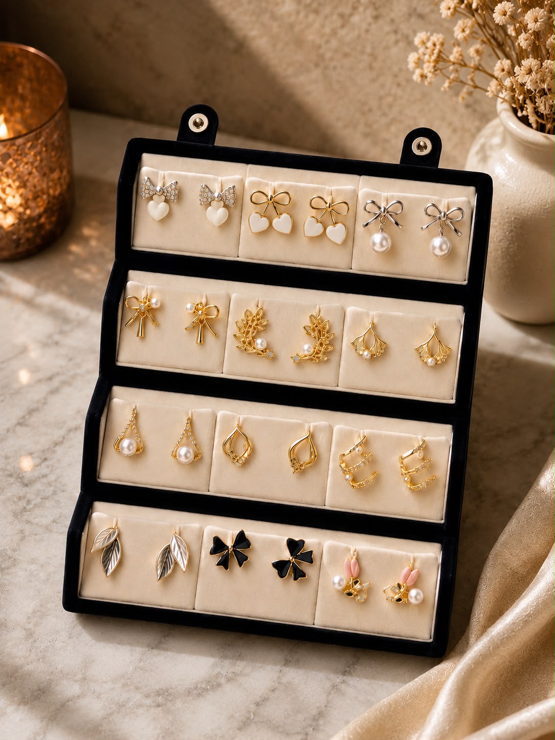 12 Pair Korean Earrings Gift Box | Luxury Velvet Jewelry Storage Box for Women & Girls