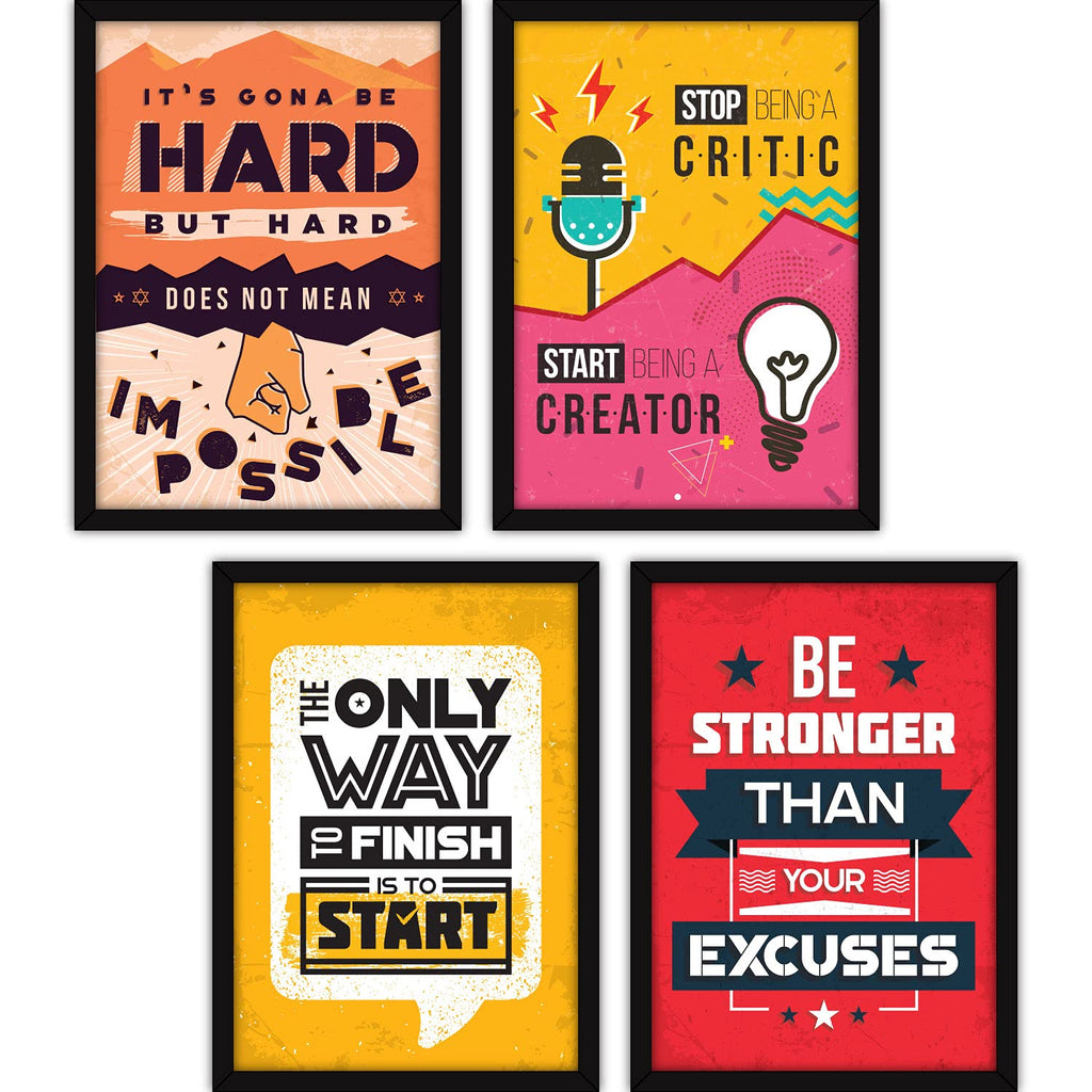 Motivational Wall Posters Set of 4 with Frames | Inspirational Quotes Wall Decor for Office, Study Room, Gym & Bedroom | Modern Typography Wall Art