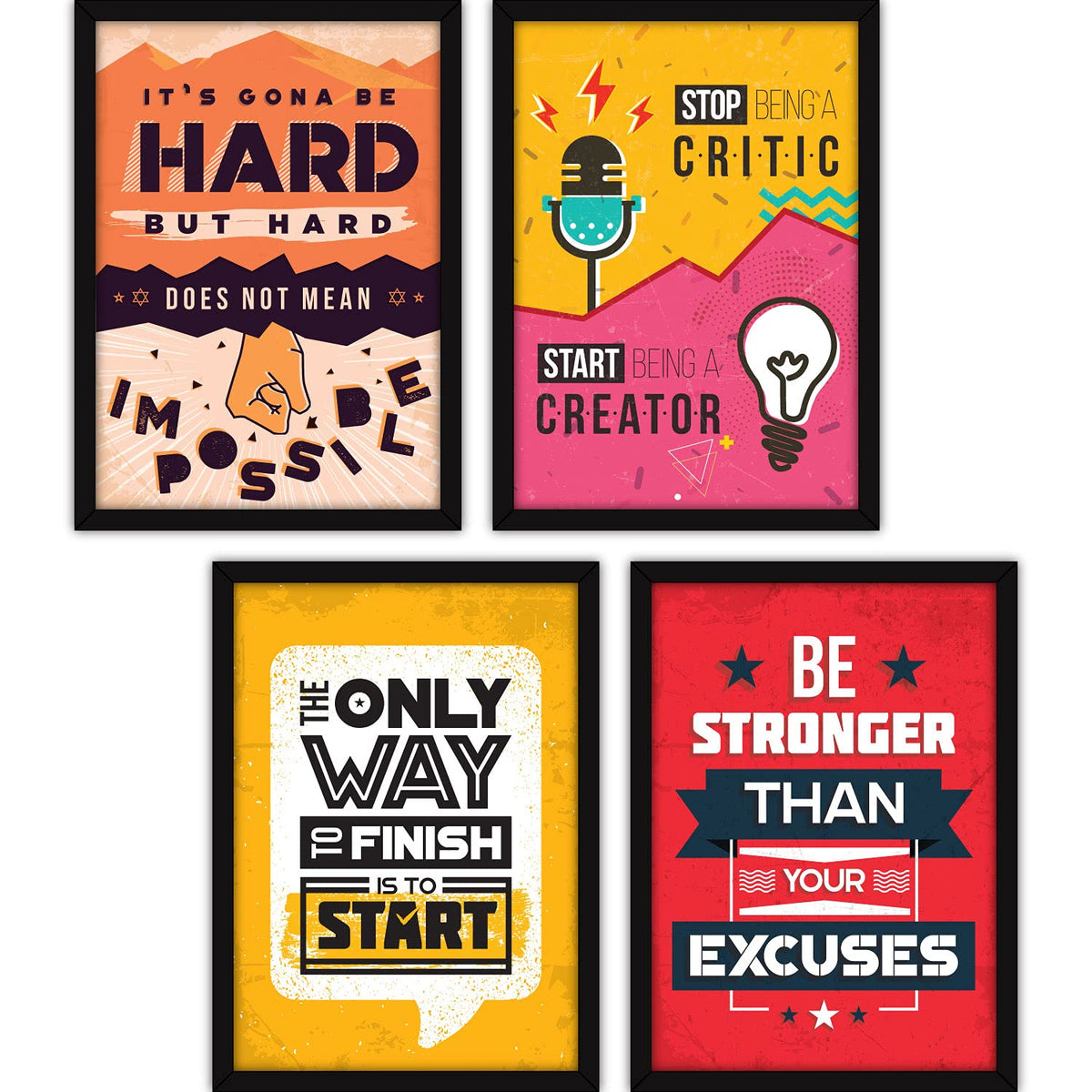 Motivational Wall Posters Set of 4 with Frames | Inspirational Quotes Wall Decor for Office, Study Room, Gym & Bedroom | Modern Typography Wall Art