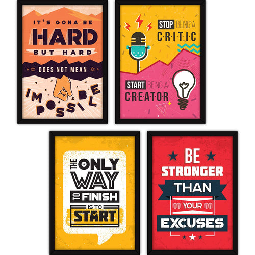 Motivational Wall Posters Set of 4 with Frames | Inspirational Quotes Wall Decor for Office, Study Room, Gym & Bedroom | Modern Typography Wall Art