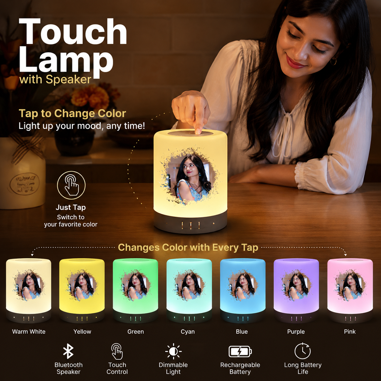 Personalized Touch Lamp Bluetooth Speaker with Custom Photo Print
